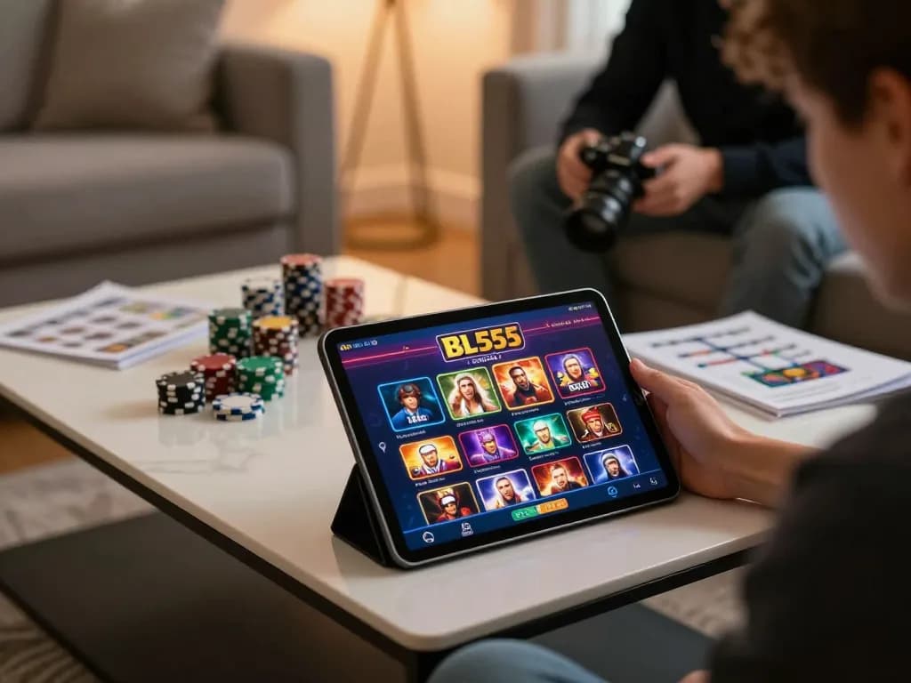 Engaged player exploring BL555 casino app on tablet in a cozy home setting with poker chips