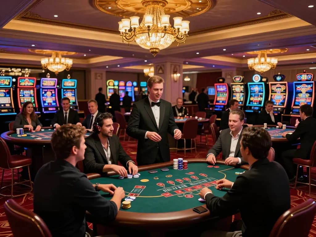AX88 players engaging in a thrilling blackjack game at a luxurious casino.
