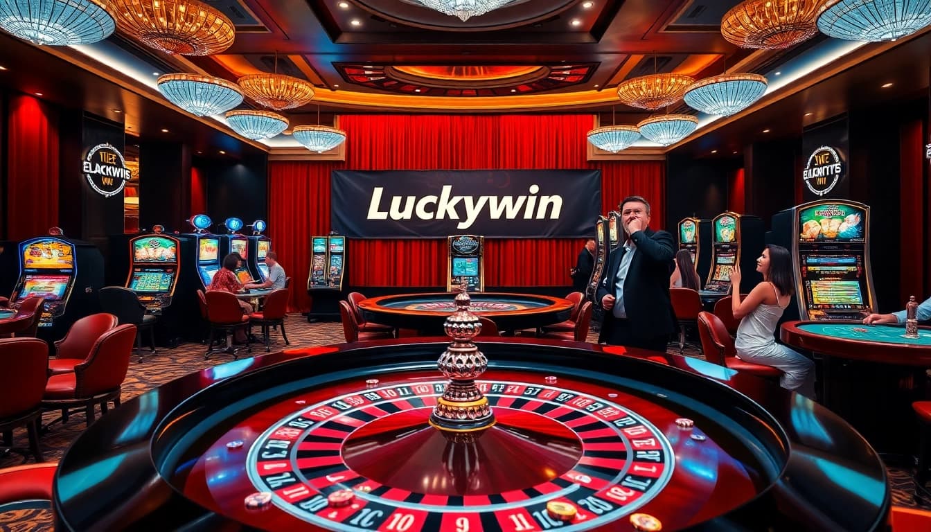 Experience the thrilling atmosphere of Luckywin casino, where players engage in exciting games at roulette and slot machines.