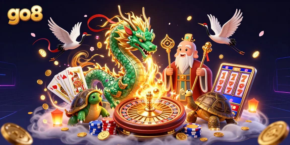 Experience thrilling gaming with go8 at a vibrant casino illustration featuring a jade dragon, coins, and cards.