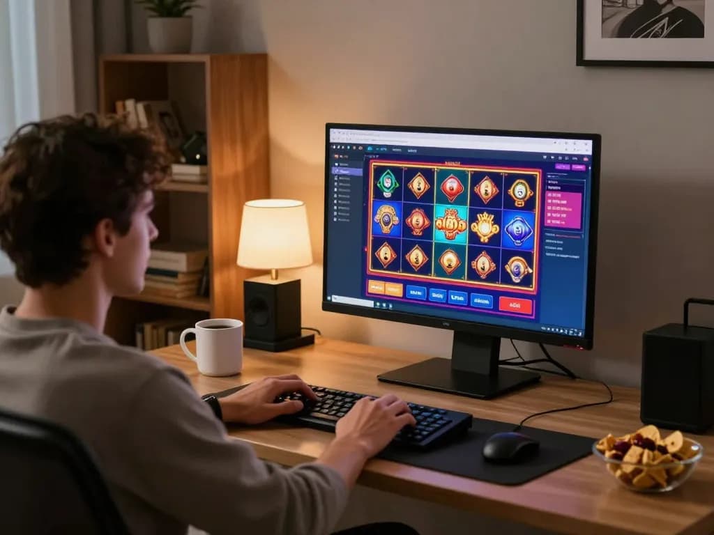 MM88 player engaged in online casino gaming, vibrant slot game visuals, cozy home office.