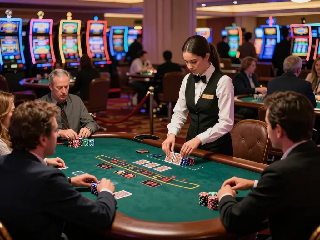 Engaged players at a hit club blackjack table during a lively evening in a Las Vegas casino