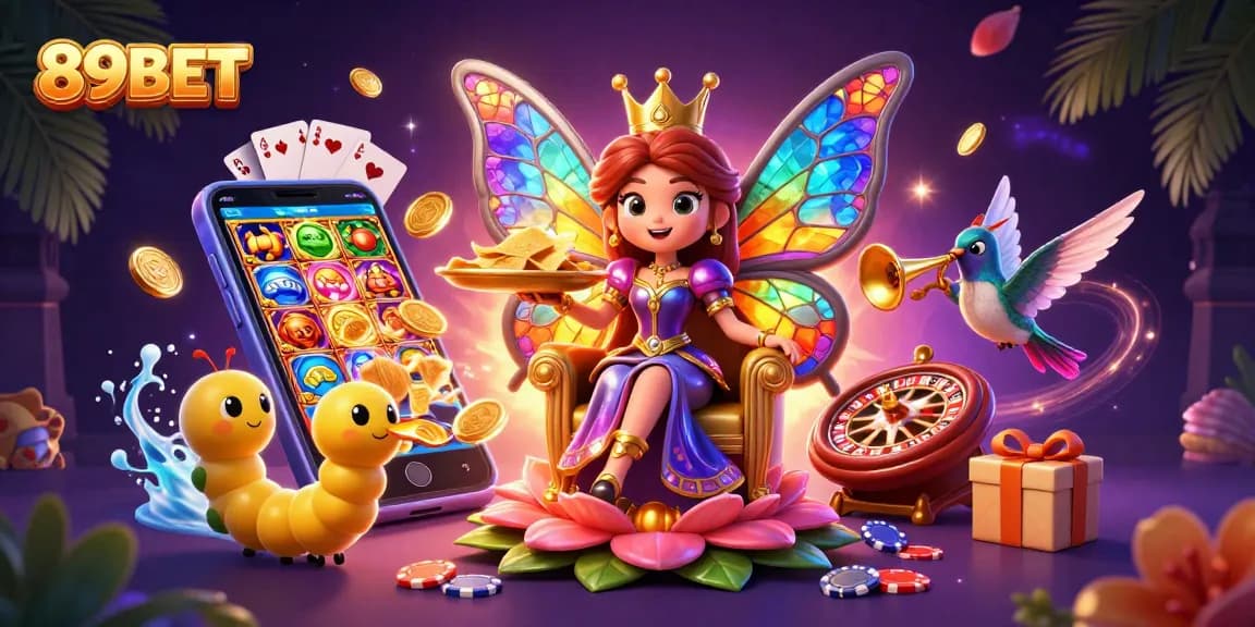 Experience the enchanting realm of 89BET with vibrant casino characters and gaming elements in a rich 3D scene.