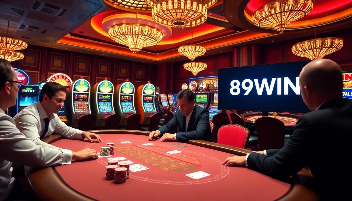 Exciting casino gaming scene featuring 789WIN online interface and lively poker table.