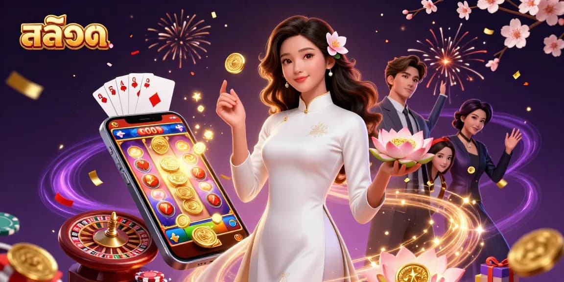Engage with สล็อต as vibrant 3D digital illustration showcasing an elegant woman amidst colorful slot game elements.