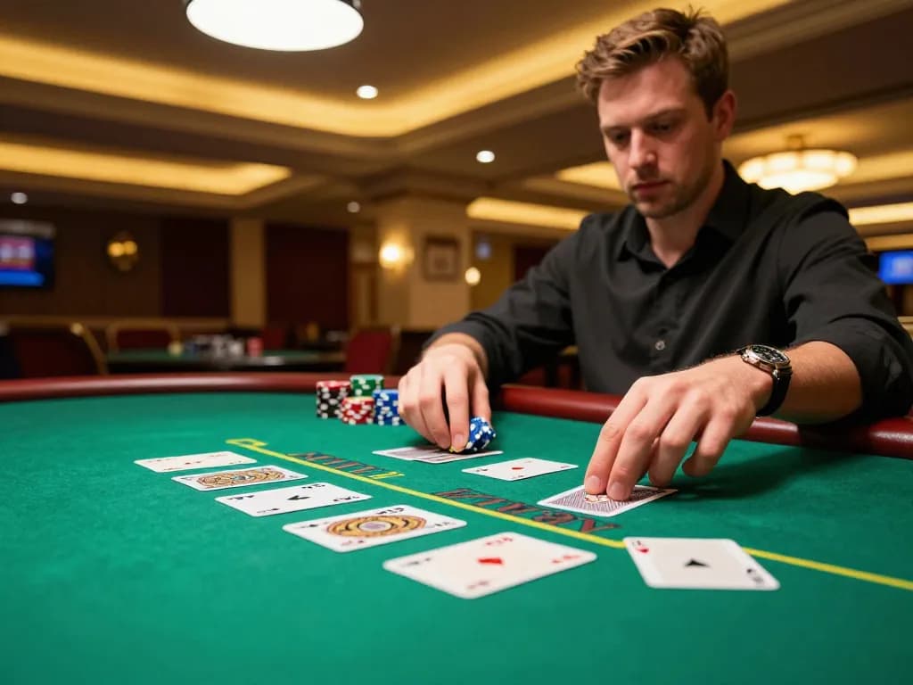 WW88 Casino player focused on blackjack table, eager to win big with strategic gameplay.