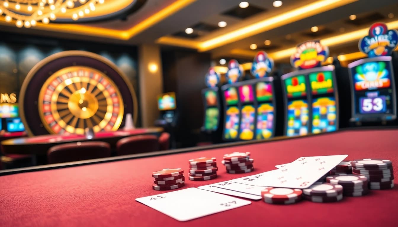 Engage with the vibrant atmosphere of online gambling at https://88aa1.org/, featuring luxurious casino tables and slot machines.