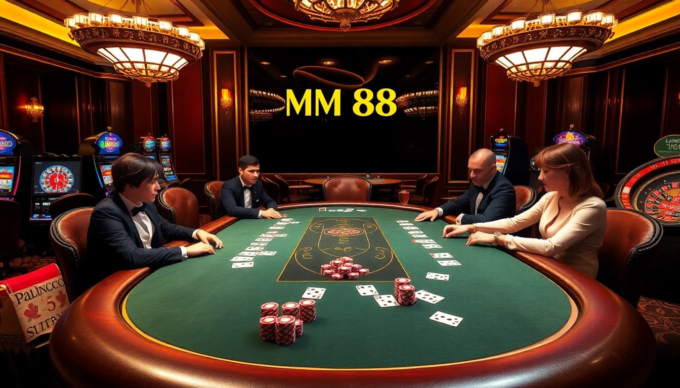 Experience the excitement of MM 88 with a luxurious casino poker scene and vibrant gaming elements.