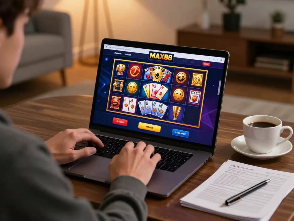 Max88 player enjoying an online gaming session with vibrant slot visuals and strategic notes.