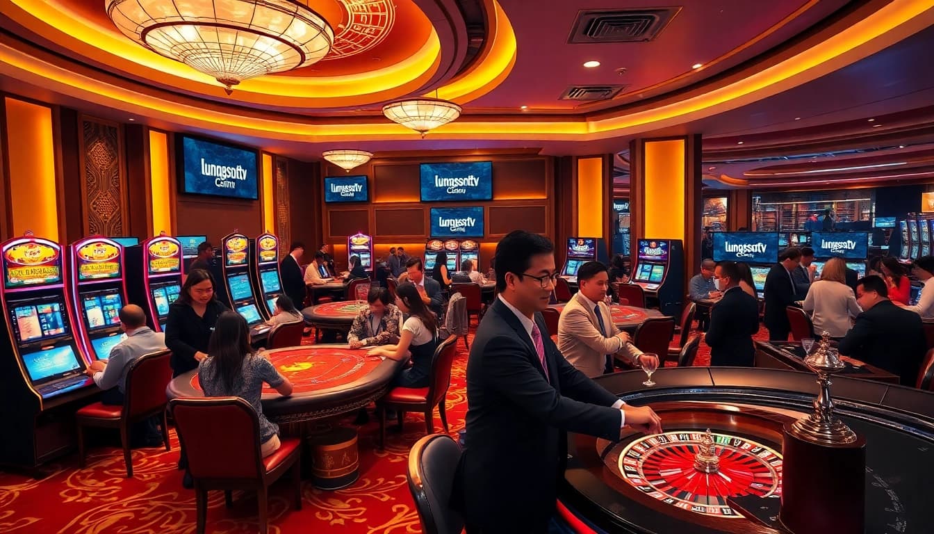 Gamblers enjoying exciting games at luongsontv's virtual casino, showcasing vibrant atmosphere and luxury.