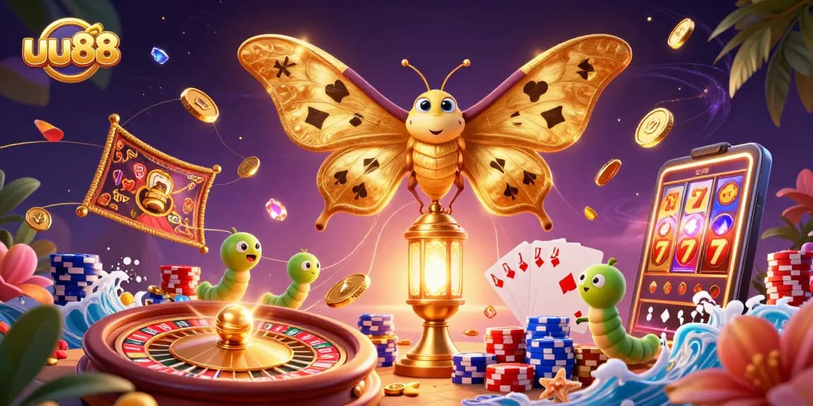 Experience thrilling casino action with uu88 in a vibrant 3D illustration featuring a moth and golden casino elements.