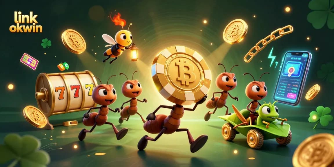 Experience the thrill with link okwin as cartoon ants carry a giant poker chip through a vibrant casino heist scene.
