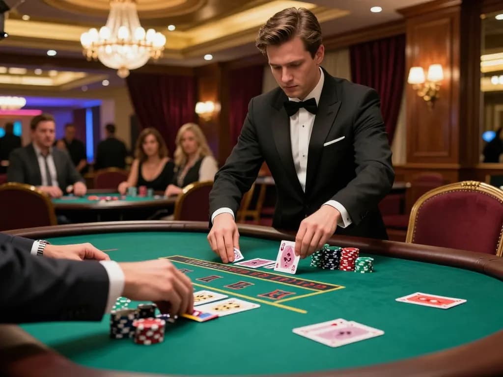 Fly88 players enjoy an intense blackjack game with strategic betting and elegant casino decor.