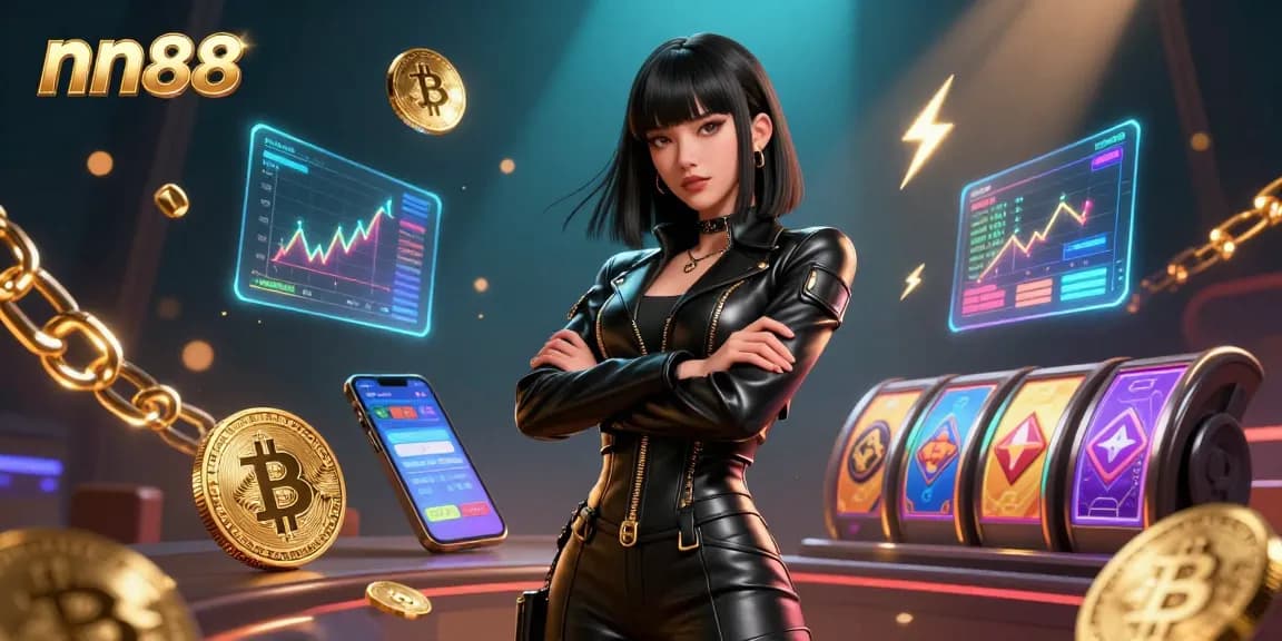 Experience the thrilling casino vibe with nn88 as dynamic slot reels, Bitcoin coins, and a confident character captivate the scene.