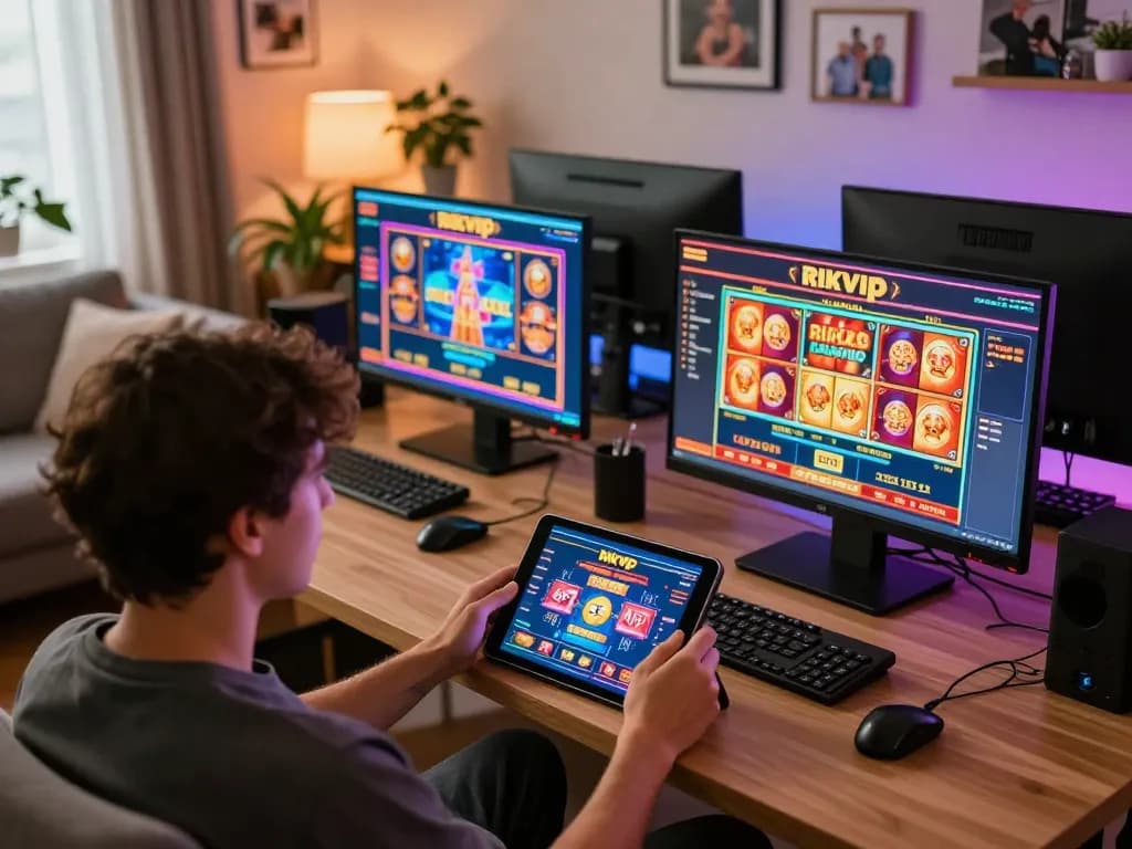 Player enjoying online gaming on Rikvip platform on tablet in cozy home environment.