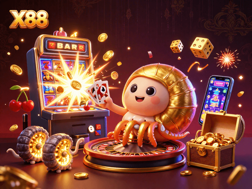 X88 players experience excitement as a giant nautilus roulette wheel spins, revealing big wins and vibrant casino elements.