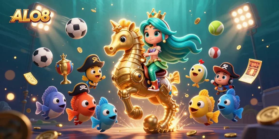 Join ALO8's vibrant underwater scene featuring a mermaid princess and sports elements, engaging users in gaming excitement.