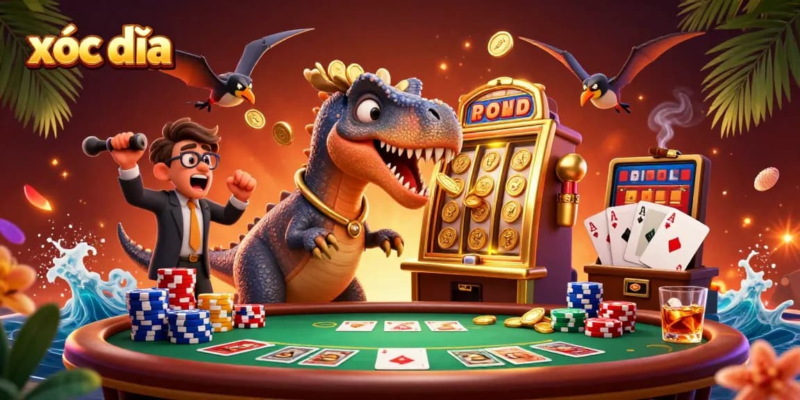 Xóc đĩa game scene with a dinosaur interacting with a slot machine, capturing the excitement of online gambling.