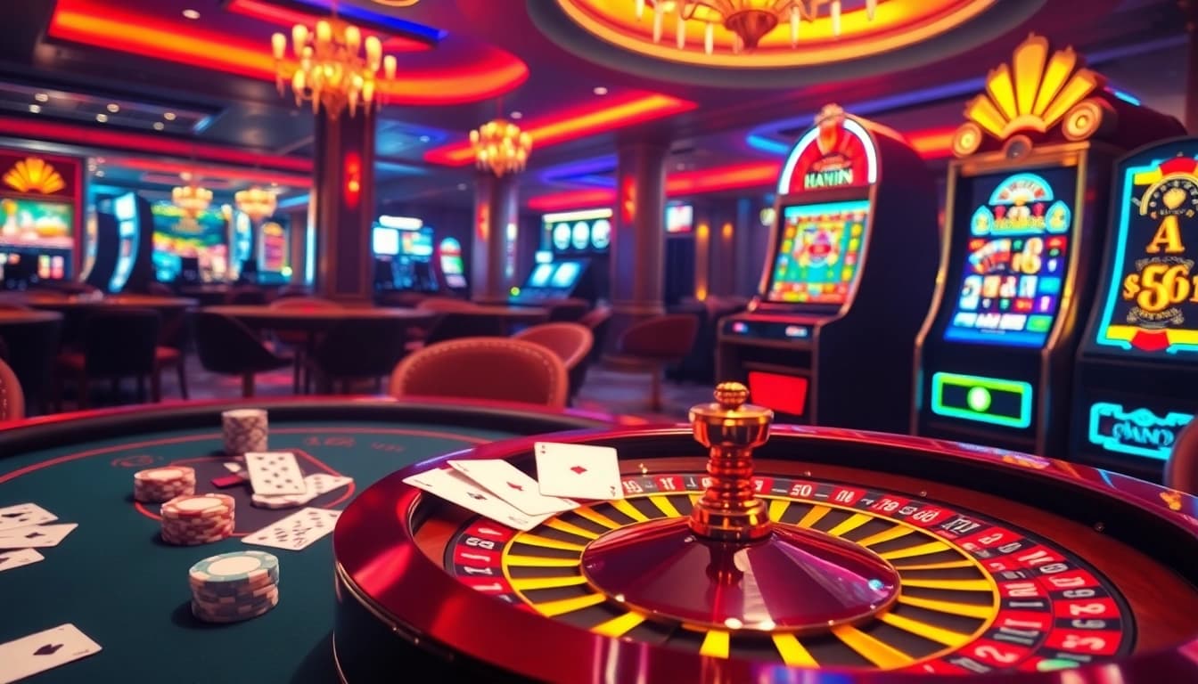 Experience gaming thrill with Haywin's vibrant casino atmosphere featuring poker tables and slot machines.