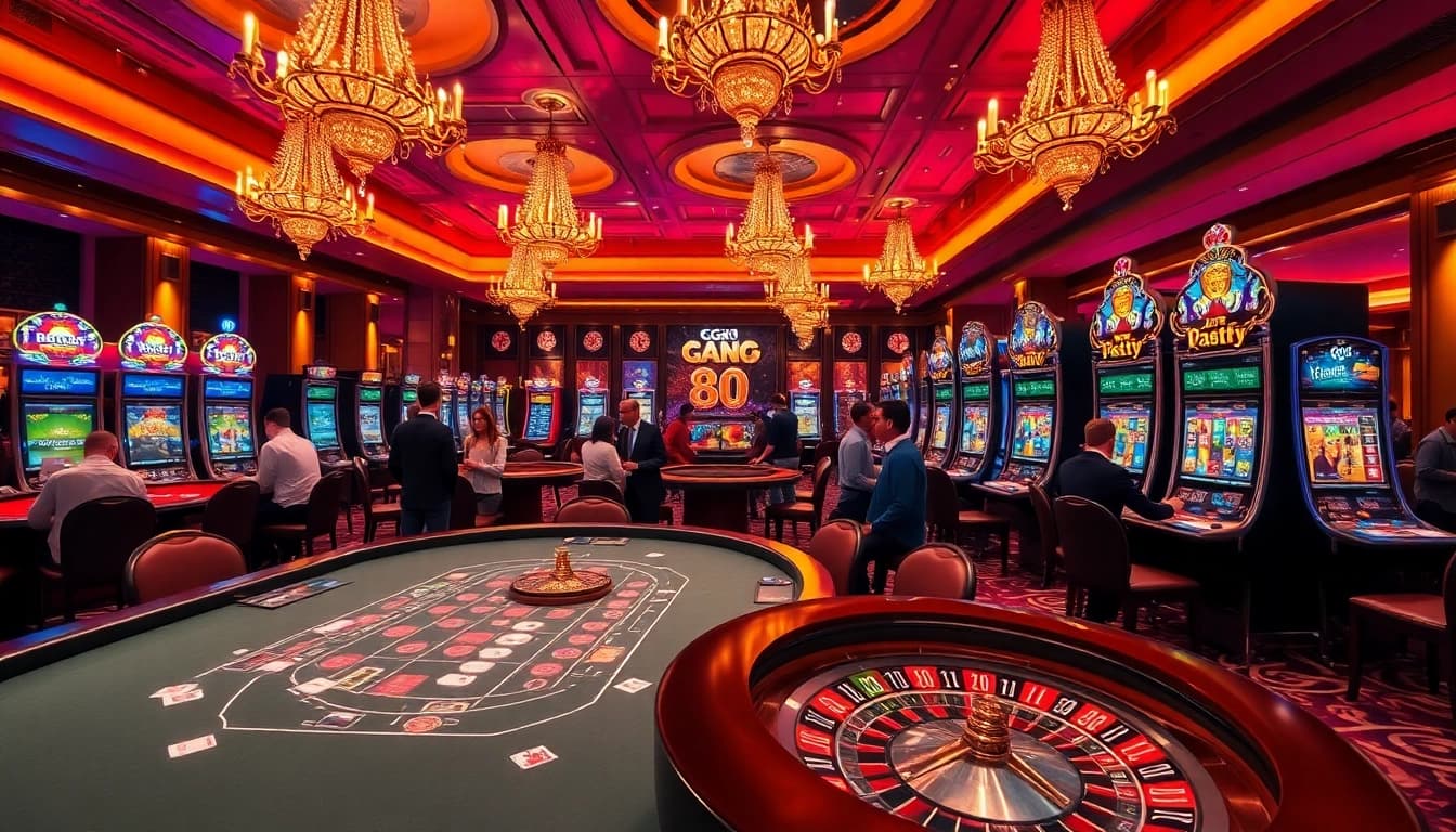 Players enjoying a lively casino experience at GG 88, featuring poker tables and vibrant slots.