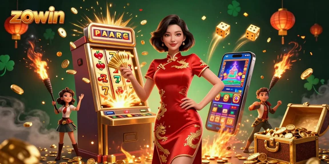 Zowin presents a captivating 3D casino scene with a beautiful Asian woman in a qipao, alongside a jackpot-winning slot machine.