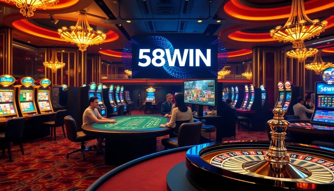 Experience thrilling gameplay at nhà cái 58WIN with a vibrant casino atmosphere featuring tables and slot machines.