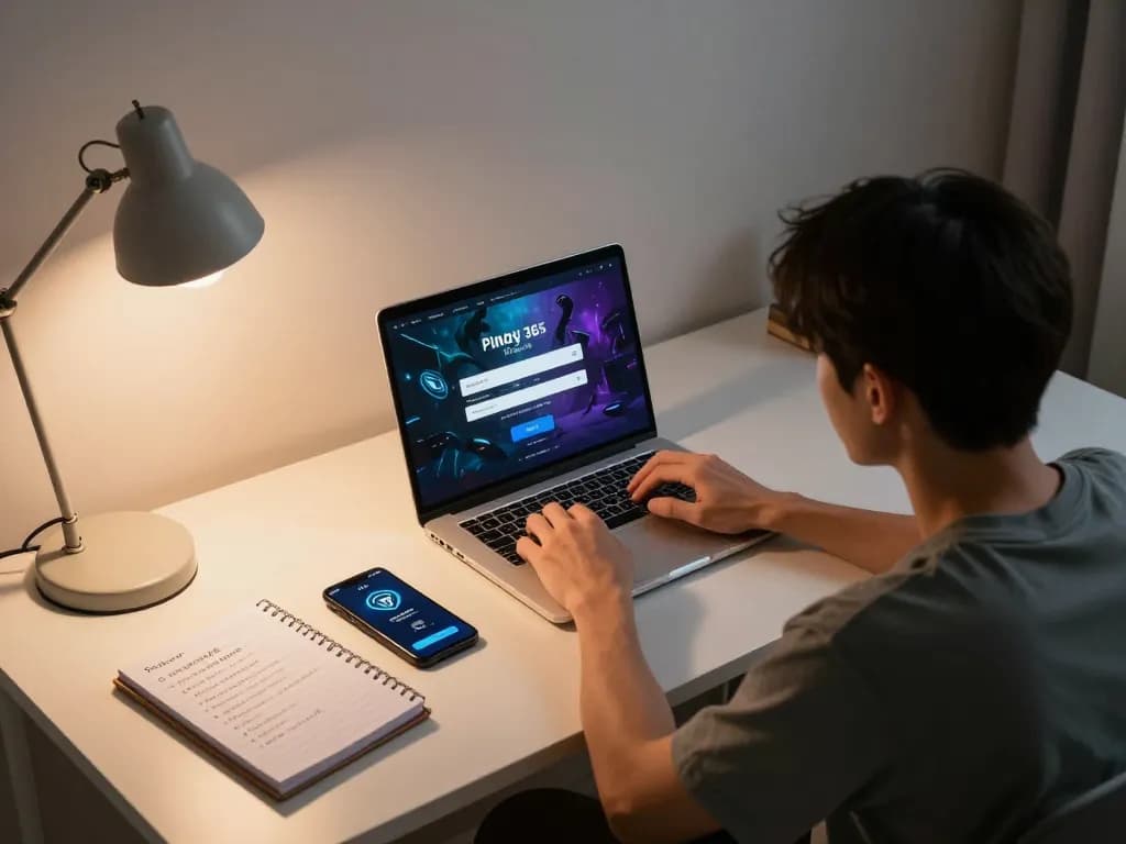Pinoy Login for a strategic online gaming setup with laptop and notebook on a stylish desk