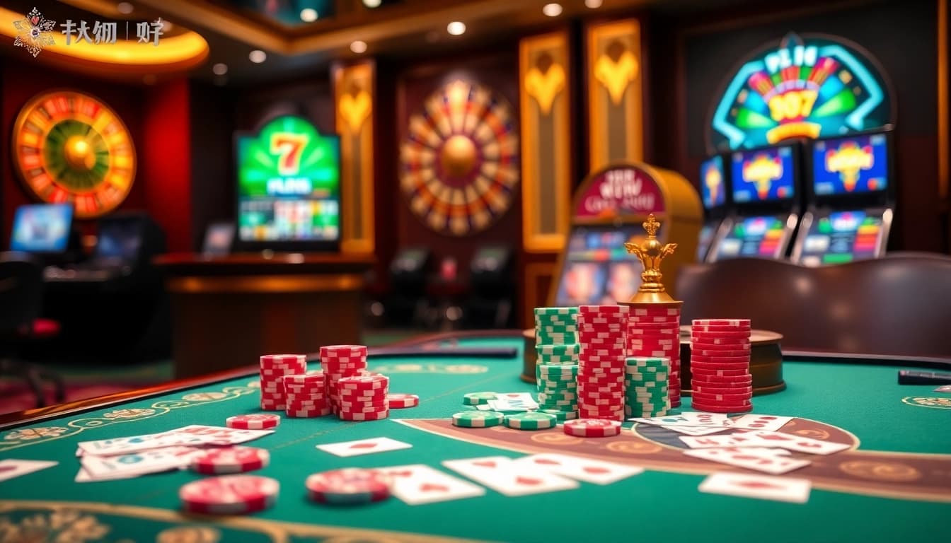 Tài Xỉu MD5 gaming table with colorful chips and an elegant online casino setting, evoking excitement.