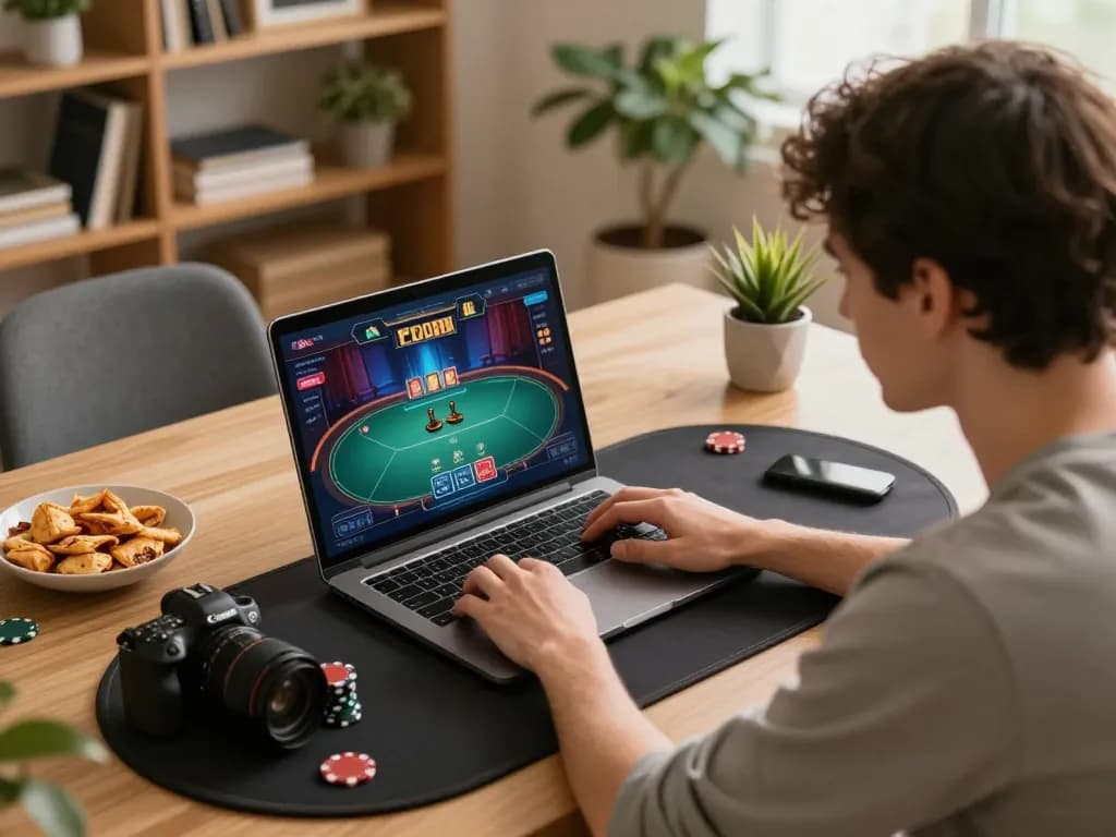 Player enjoying an online poker game on 8eee, focused on the vibrant interface while snacking.