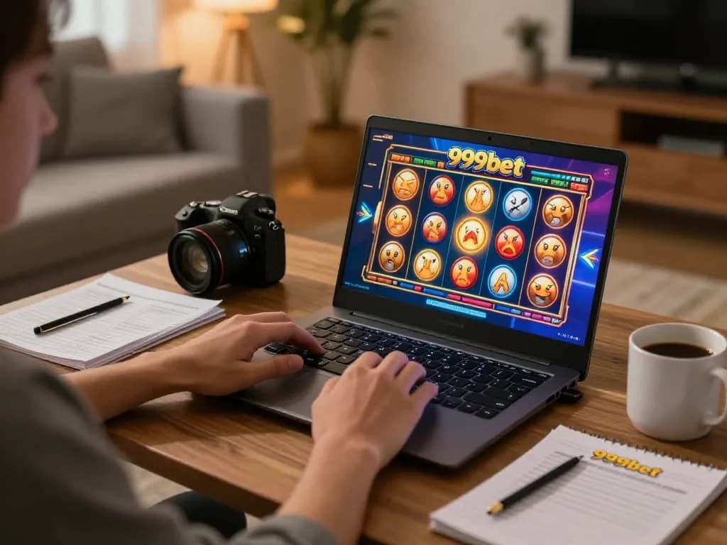 Person playing 999bet online slots with strategy notes in cozy living room.