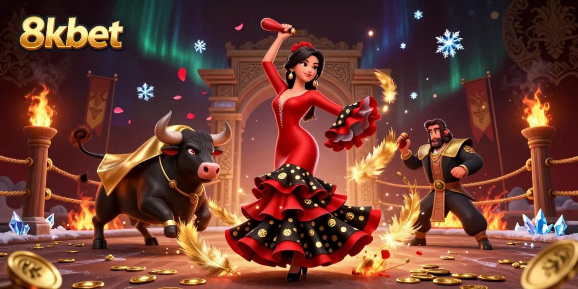 Experience thrilling 8xbet adventures with an immersive casino scene featuring a dancing flamenco woman and a cartoon bull.
