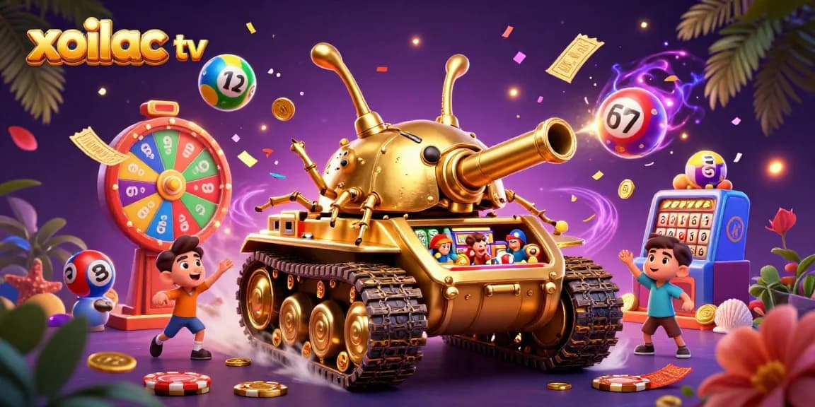 Xoilac TV showcases an exciting casino scene with a golden beetle tank, featuring vibrant lottery elements and dynamic gambling activity.