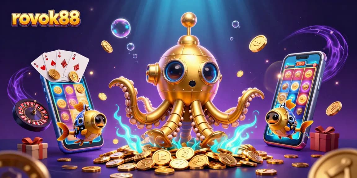 Experience the thrill of rokok88 with a golden kraken submarine amid vibrant gambling riches and slot games.
