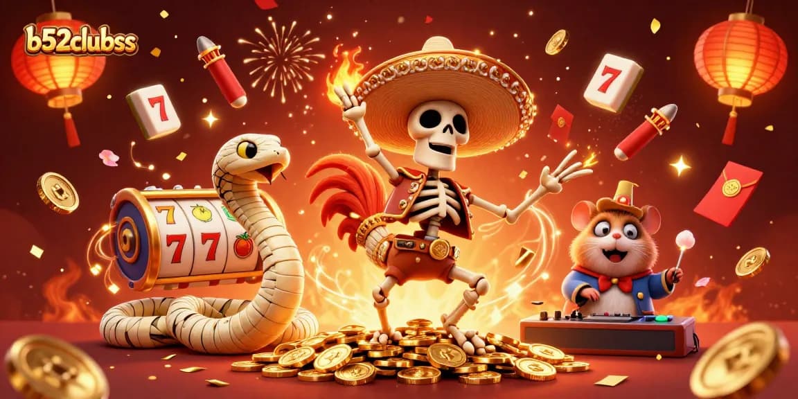 Experience thrilling wins at b52clubss with festive gaming characters celebrating among vibrant slot elements.