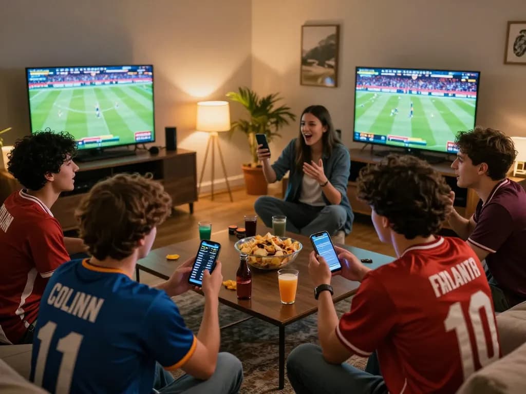 EE88 players engaging in sports betting at home, checking odds on smartphones, warm atmosphere