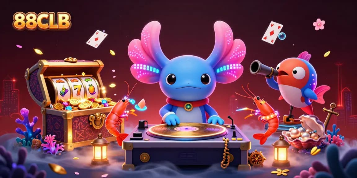 88CLB's vibrant online casino scene with neon axolotl DJ and slot elements bursting with excitement.