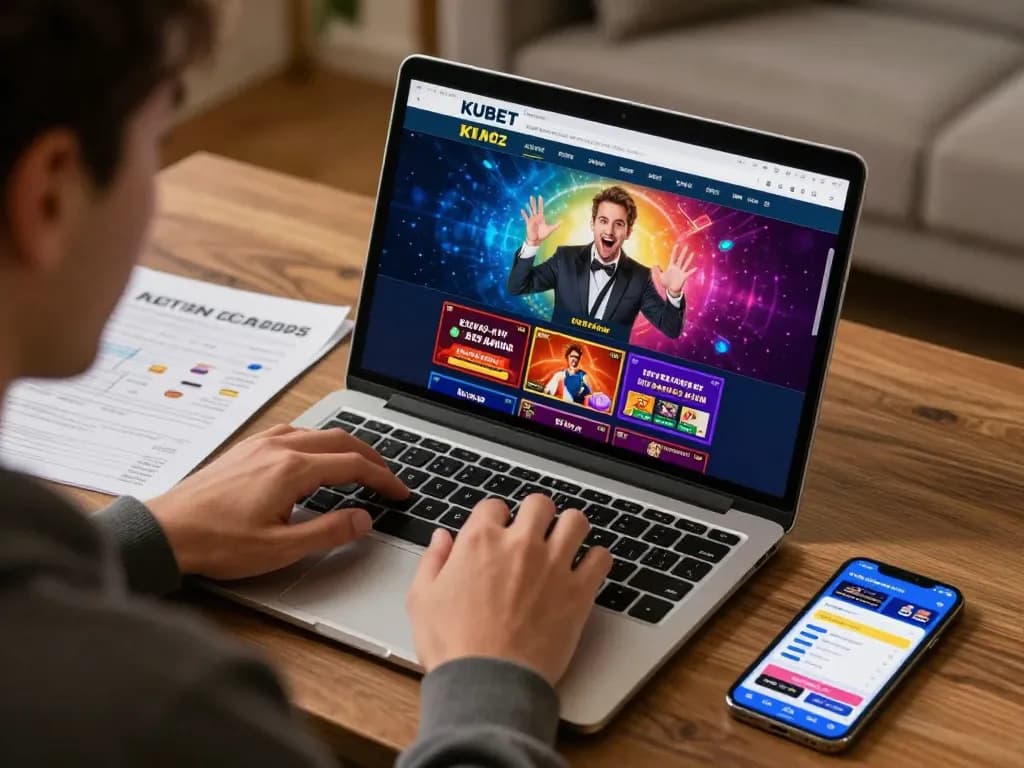 KUBET online casino player engaged in gaming on laptop with strategy notes.