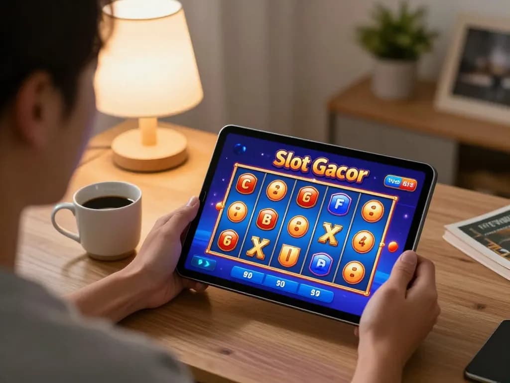 Engaging in Slot Gacor gameplay on tablet in a cozy home setting
