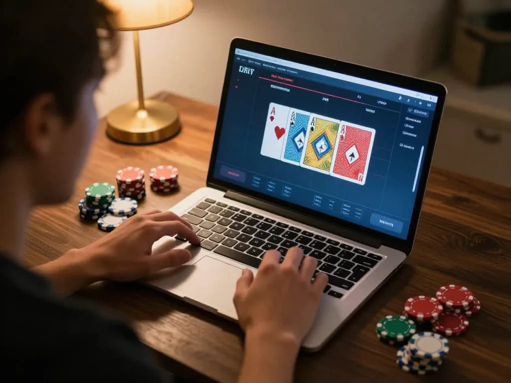 Play poker online with LU88 on a laptop, colorful cards and chips displayed on screen, cozy home atmosphere