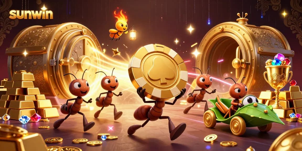 Sunwin ants in a dynamic heist scene with a golden poker chip and treasure.