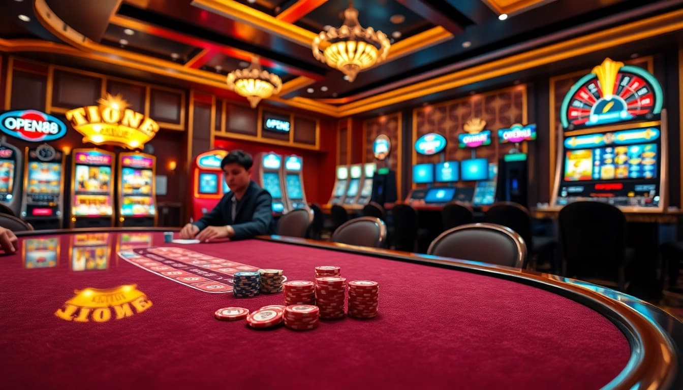 OPEN88 players enjoying lively poker games and vibrant slot machines in a luxurious casino setting