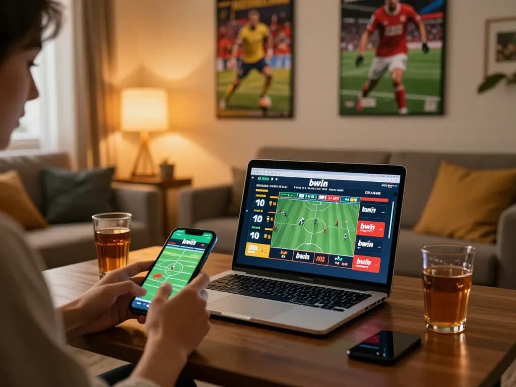 Engaging in sbobet sports betting on a smartphone in a cozy living room setting.