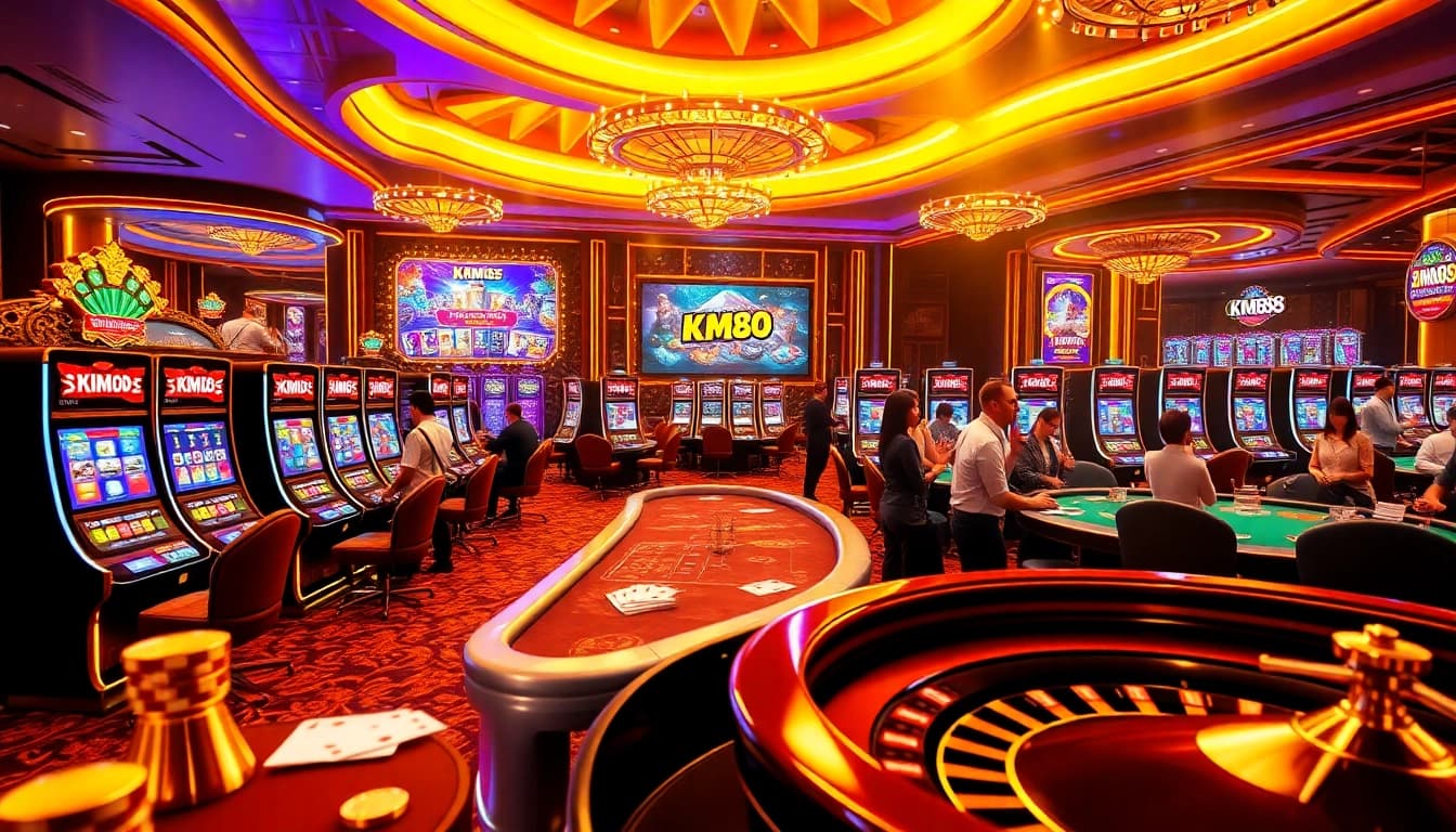 Exciting KM88 gaming experience with vibrant slots and poker tables in a luxurious casino.