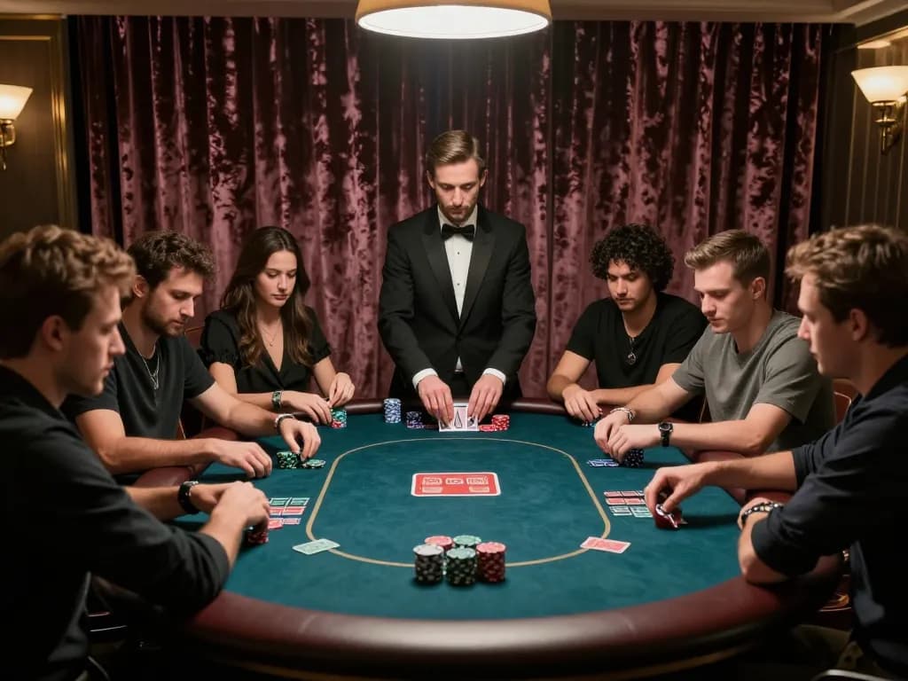 F8BET players engaging in strategic poker gameplay at a high-stakes casino table surrounded by luxury decor.