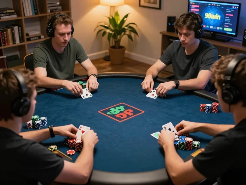 Players strategizing during a 98win online poker game in a cozy home setting.