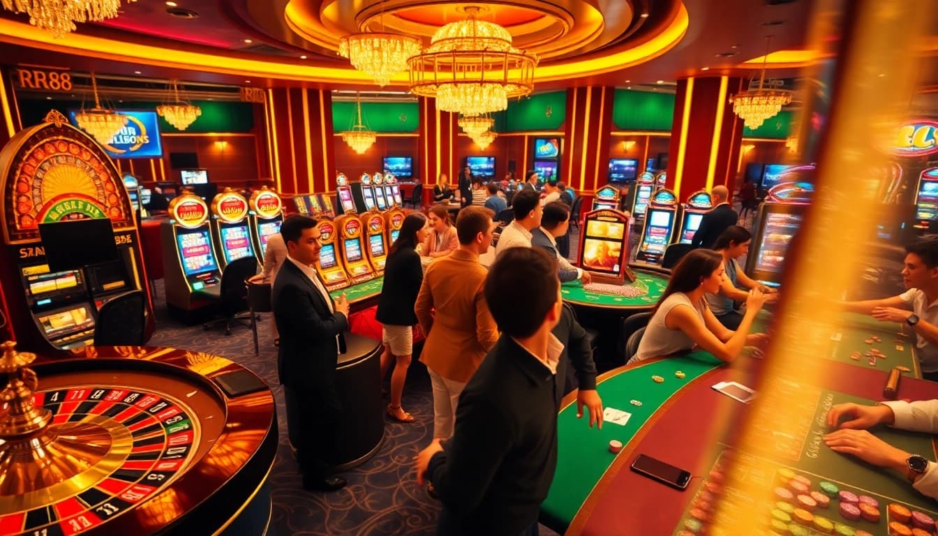 RR88 players celebrating their wins at a glamorous casino, showcasing excitement and luxury.