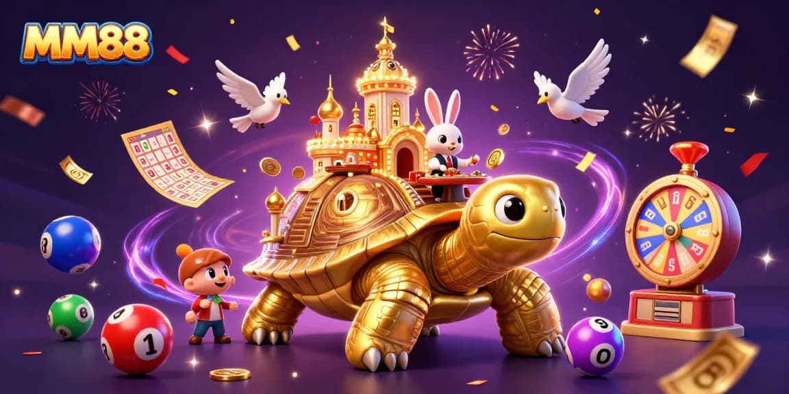 MM88 casino experience featuring a golden tortoise with a casino, vibrant lottery elements, and festive celebrations.