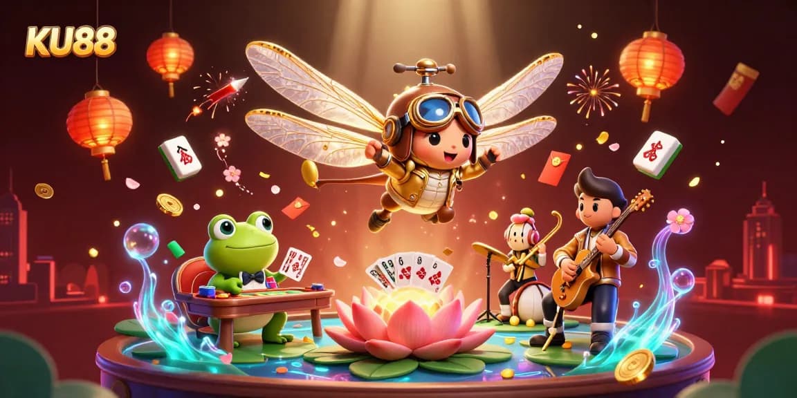 Engage with KU88's dynamic gaming scene featuring a dragonfly pilot, frog dealer, and jazz musicians.