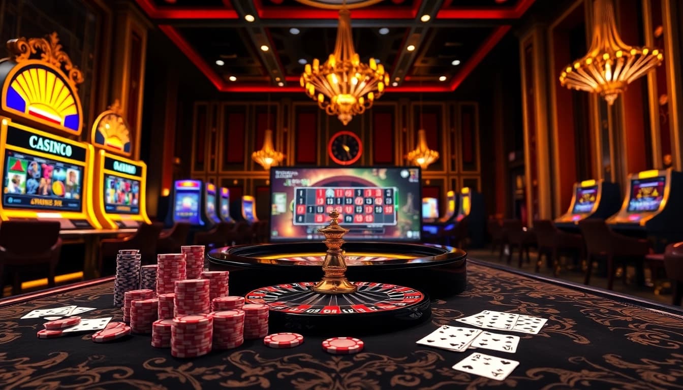 Experience excitement at uu88 with a vibrant casino game scene featuring slot machines and poker chips.