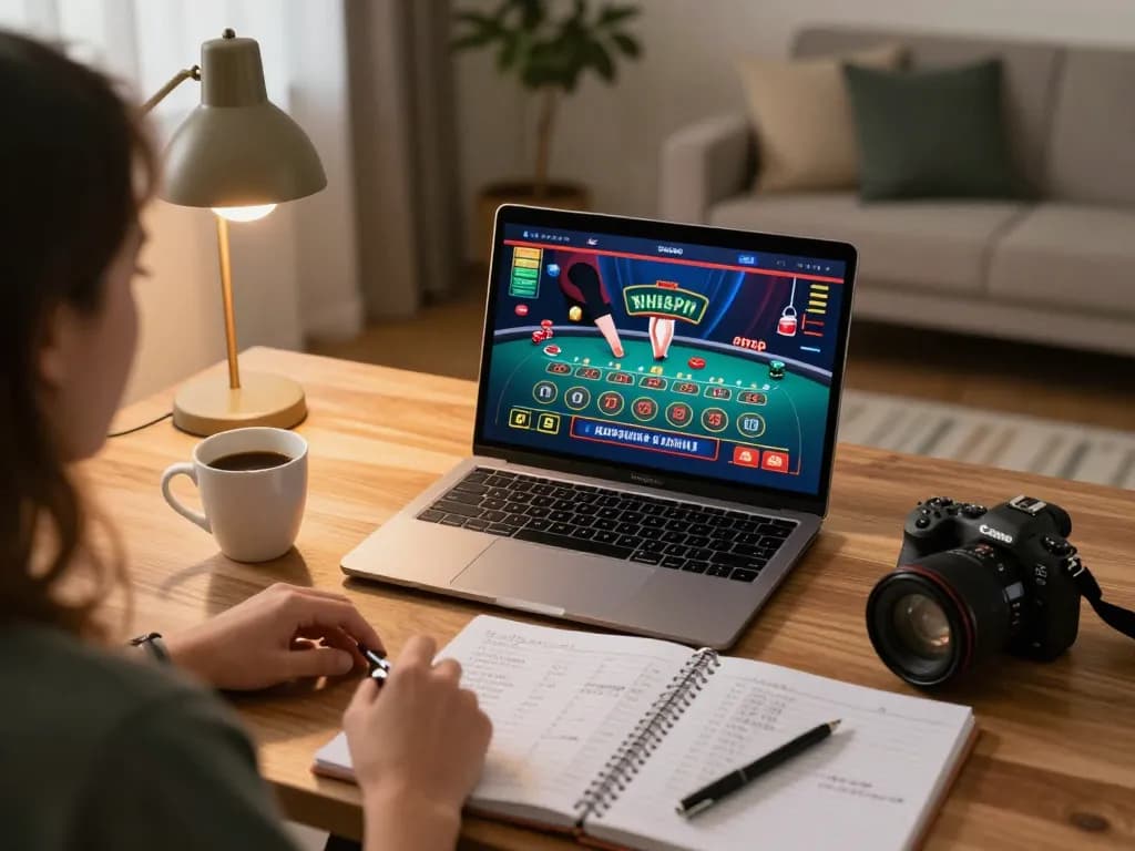 Engaged player enjoying TT88 online blackjack at home with strategic notes and warm lighting.